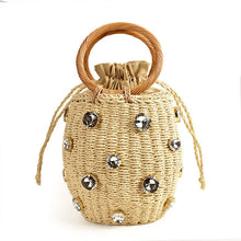 Load image into Gallery viewer, 2020 New Handmade Rhinestone Crystal Embellished Straw Bag Small Straw Bucket Bags Lady Travel Purses and Handbags