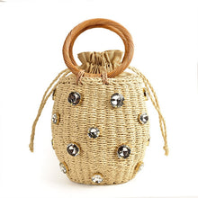 Load image into Gallery viewer, 2020 New Handmade Rhinestone Crystal Embellished Straw Bag Small Straw Bucket Bags Lady Travel Purses and Handbags
