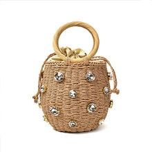 Load image into Gallery viewer, 2020 New Handmade Rhinestone Crystal Embellished Straw Bag Small Straw Bucket Bags Lady Travel Purses and Handbags
