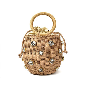 2020 New Handmade Rhinestone Crystal Embellished Straw Bag Small Straw Bucket Bags Lady Travel Purses and Handbags