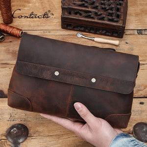 CONTACT'S Men Clutch Bags Large Capacity Men Wallets Crazy Horse Leather Long Purse Male Multifunction Wallet Passport Cover