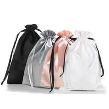 Load image into Gallery viewer, Custom Logo Silk Satin Drawstring Gift Bags Virgin Hair Jewelry Makeup Packaging Bag Black White Silver Pink Silk Pouch
