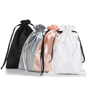 Custom Logo Silk Satin Drawstring Gift Bags Virgin Hair Jewelry Makeup Packaging Bag Black White Silver Pink Silk Pouch