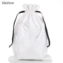 Load image into Gallery viewer, Custom Logo Silk Satin Drawstring Gift Bags Virgin Hair Jewelry Makeup Packaging Bag Black White Silver Pink Silk Pouch
