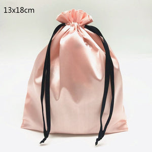 Custom Logo Silk Satin Drawstring Gift Bags Virgin Hair Jewelry Makeup Packaging Bag Black White Silver Pink Silk Pouch