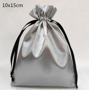 Custom Logo Silk Satin Drawstring Gift Bags Virgin Hair Jewelry Makeup Packaging Bag Black White Silver Pink Silk Pouch