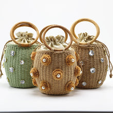 Load image into Gallery viewer, 2020 New Handmade Rhinestone Crystal Embellished Straw Bag Small Straw Bucket Bags Lady Travel Purses and Handbags
