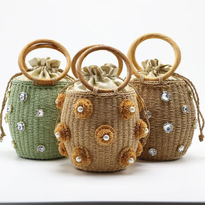 2020 New Handmade Rhinestone Crystal Embellished Straw Bag Small Straw Bucket Bags Lady Travel Purses and Handbags