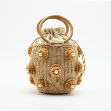 Load image into Gallery viewer, 2020 New Handmade Rhinestone Crystal Embellished Straw Bag Small Straw Bucket Bags Lady Travel Purses and Handbags
